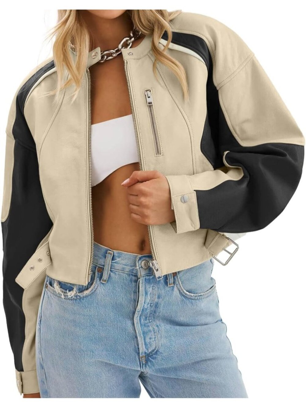Women Beige 100% Polyester Faux Leather Cropped Color-Block Zip-Up Bomber Jacket
